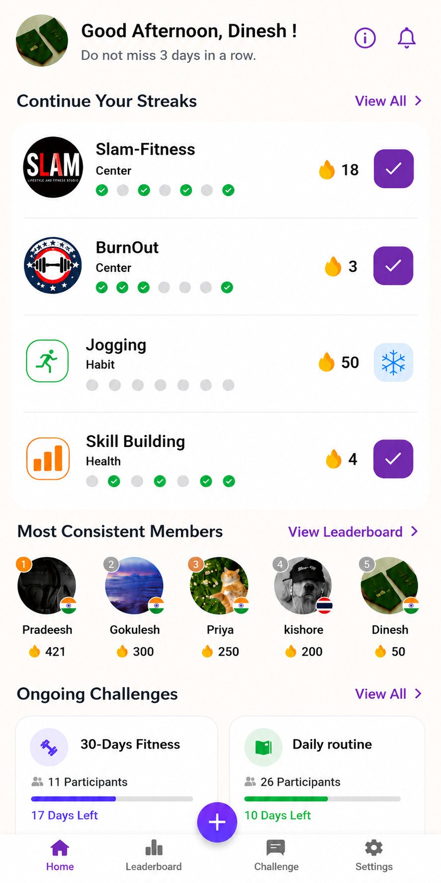 MyStreakBook gamified habit tracker app showing streak calendar, gym check-in, and leaderboard